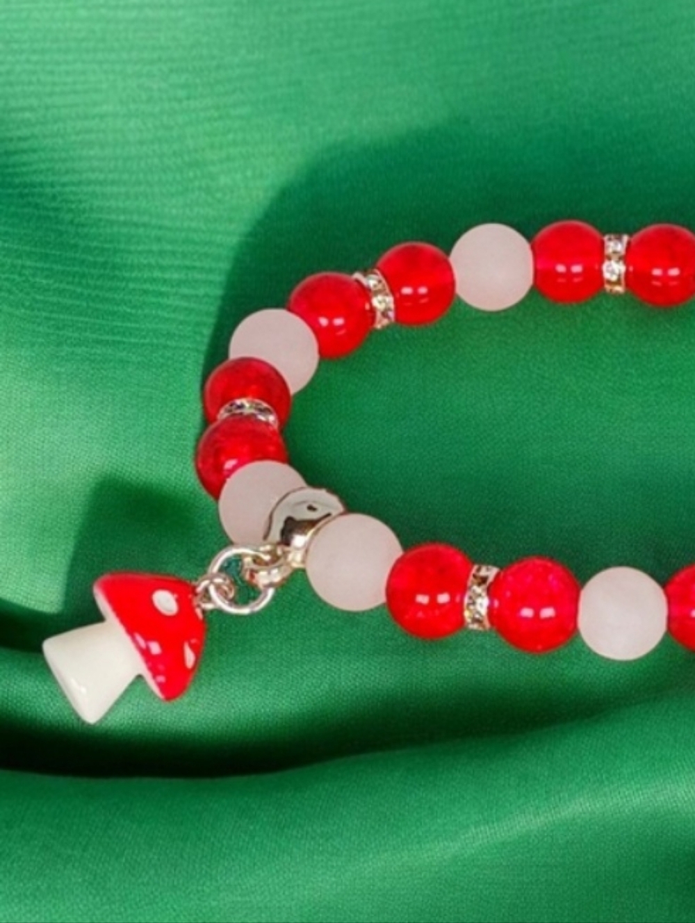White Jade Red Crackle Glass Bracelet with Mushroom Charm Whimsical Earth Art